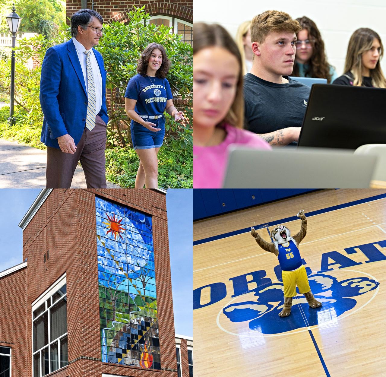 Robert Gregerson, Greensburg students, a campus building, and Bruiser Bobcat