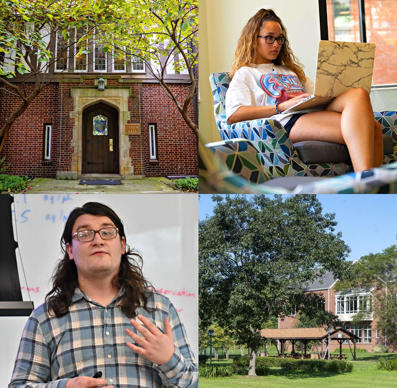 Greensburg campus; a student works on her laptop; Greensburg Campus; a student presents their work.